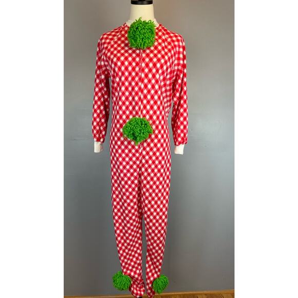 Vintage 1970s Homemade Clown Costume Red White Checked Green Pom Pom Small - Picture 5 of 10